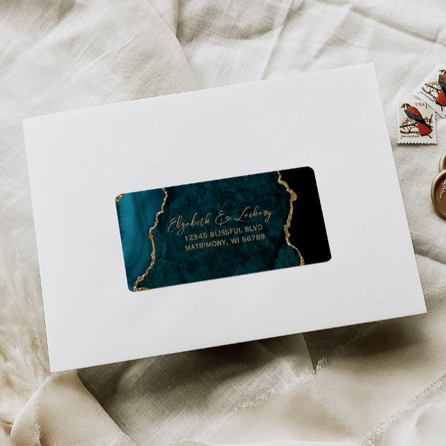Aquamarin Blue Agate Script Wedding RSVP-Adresse Adressaufkleber (Von Creator hochgeladen)