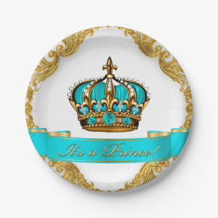 Aquamarin Blue and Gold Crown Prince Baby Dusche Pappteller