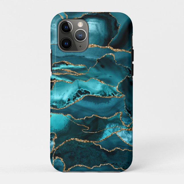 Aquamarin Blue and Gold Glitzer Agate Case-Mate iPhone Hülle (Rückseite)