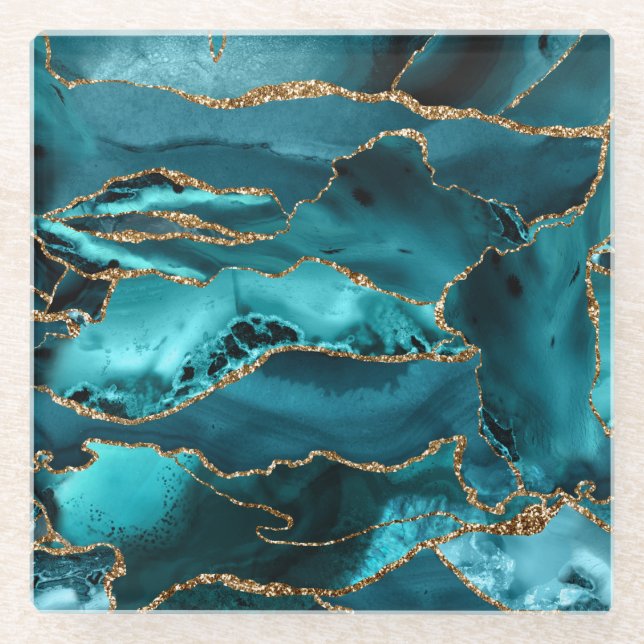 Aquamarin Blue and Gold Glitzer Agate Glasuntersetzer (Vorderseite)