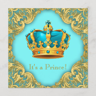 Aquamarin Blue and Gold Prince Baby Dusche Einladung