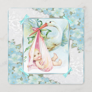 Aquamarin Blue and Pink Stork Baby Dusche Einladung