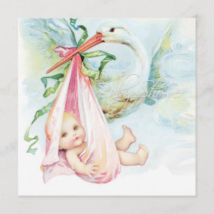 Aquamarin Blue and Pink Stork Baby Dusche Einladung