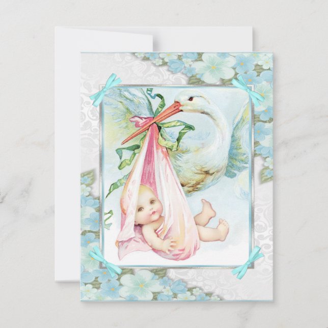 Aquamarin Blue and Pink Stork Baby Dusche Einladung (Vorderseite)