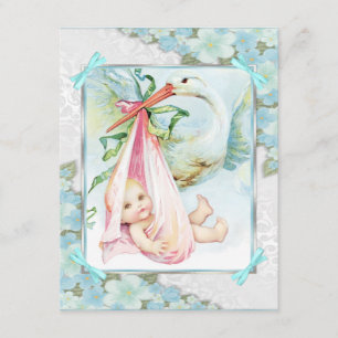 Aquamarin Blue and Pink Stork Baby Dusche Einladung