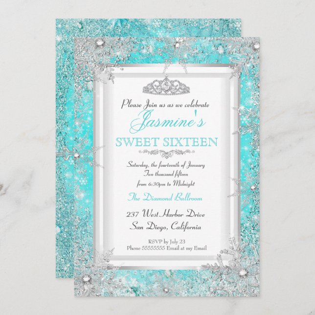 Aquamarin Blue Aqua Silver Winter Wonderland Sweet Einladung (Vorne/Hinten)