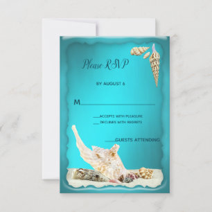 Aquamarin Blue Aqua Türkise Seashell Wedding RSVP Karte