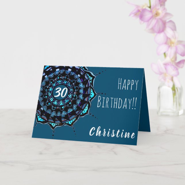 Aquamarin Blue Birthday Individuelle Name Mandala  Karte (Orchidee)