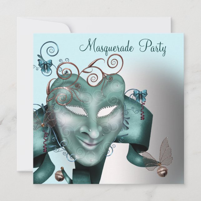Aquamarin Blue Birthday Masquerade Party Einladung (Vorderseite)