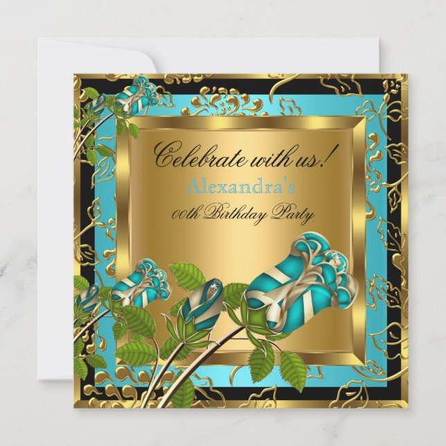 Aquamarin Blue Birthday Party Gold Floral Black Ro Einladung (Vorderseite)