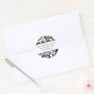 Aquamarin Blue Black Damask Adresse Hochzeitsticke Runder Aufkleber