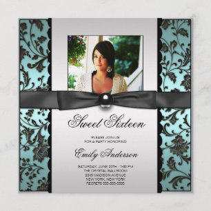 Aquamarin Blue Black Damask Foto Sweet 16 Party Einladung