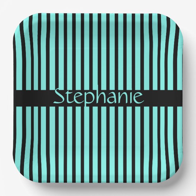 Aquamarin Blue Black Individuelle Name Stripes Bab Pappteller (Vorderseite)