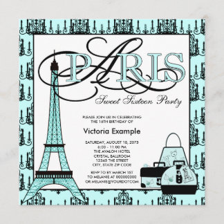 Aquamarin Blue Black Paris Sweet 16 Geburtstagspar Einladung