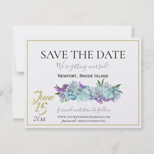 Aquamarin Blue Bouquet Traditionelle Hochzeitssuit Save The Date (Vorderseite)