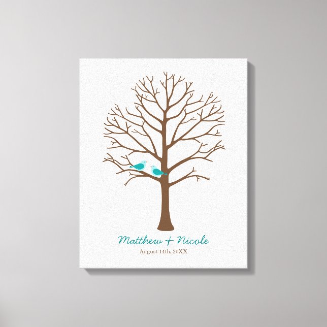 Aquamarin Blue Brown Birds Fingerprint Tree Hochze Leinwanddruck (Vorderseite)