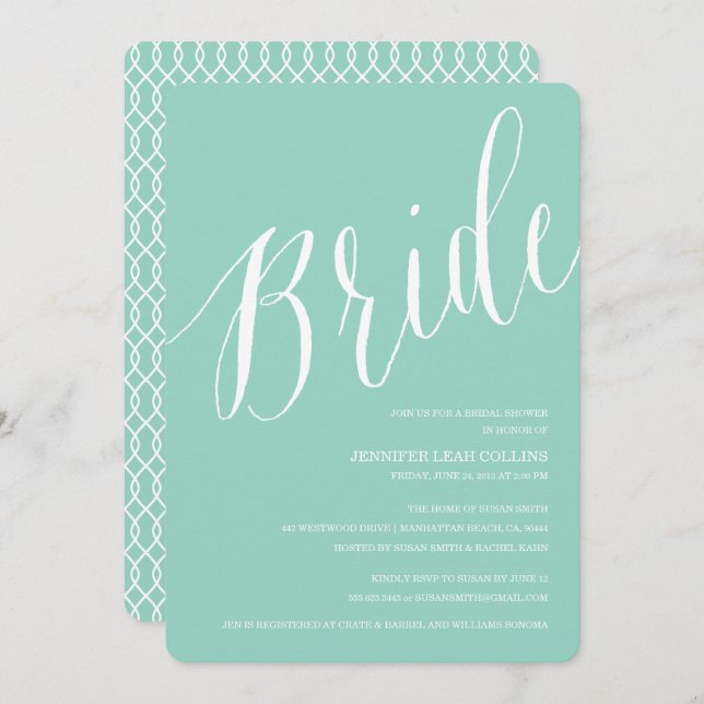 Aquamarin Blue Calligraphy Bridal Shower Einladung (Vorne/Hinten)