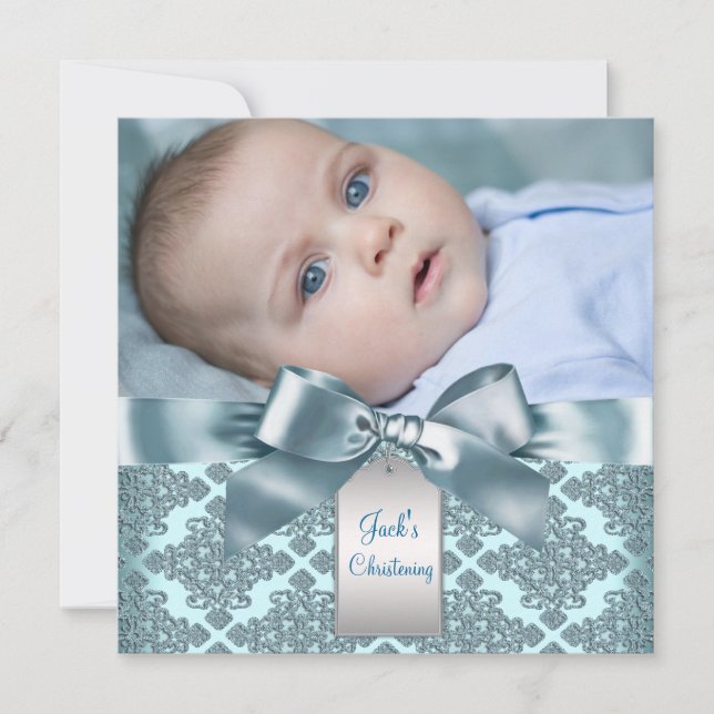 Aquamarin Blue Damask Baby Boy Foto Christening Einladung (Vorderseite)
