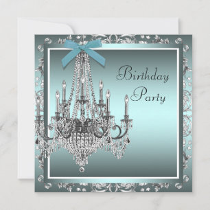 Aquamarin Blue Damask Candelier Birthday Party Einladung