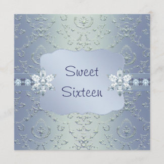Aquamarin Blue Damask Shimmer 16 . Geburtstag Einl Einladung