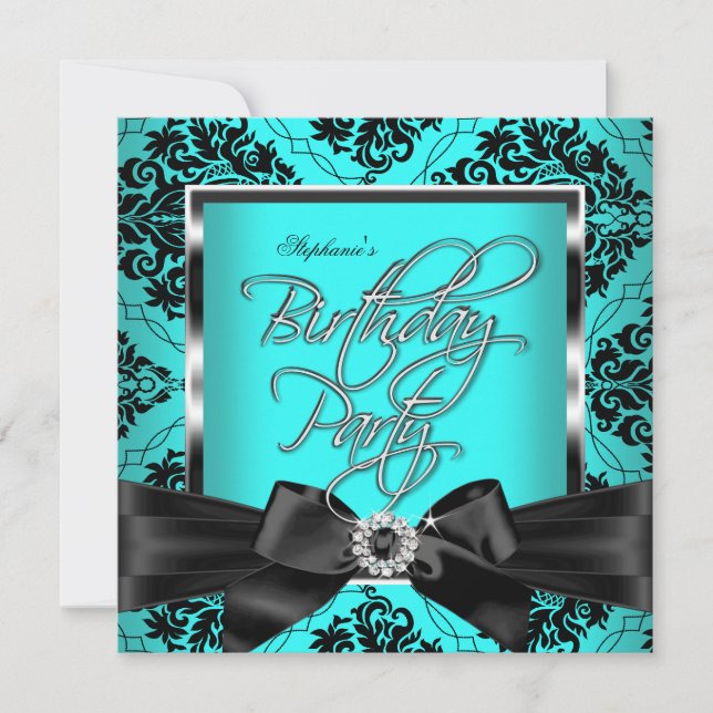 Aquamarin Blue Damask Silver Black Birthday Party Einladung (Vorderseite)