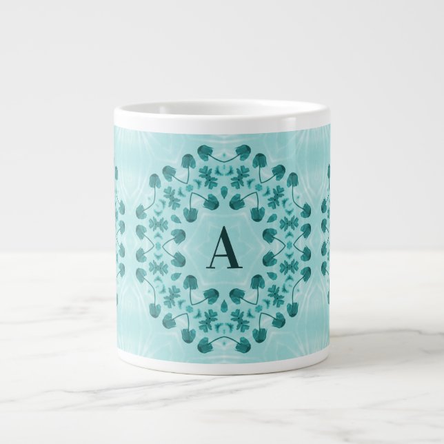 Aquamarin Blue Floral Abstrakt Monogramm Jumbo-Tasse (Vorderseite)