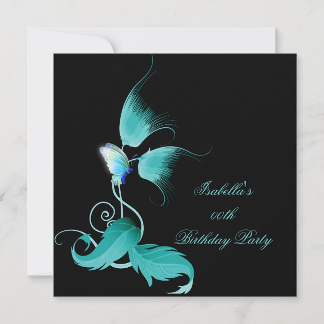 Aquamarin Blue Floral Butterfly Black Birthday Par Einladung (Vorderseite)