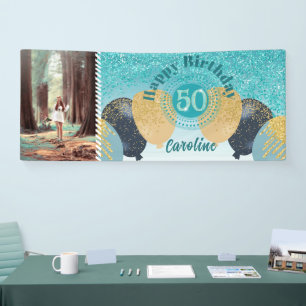 Aquamarin Blue Glitzer 50. Geburtstag & Balloons Banner