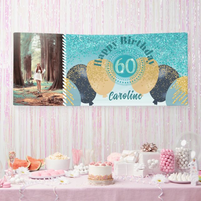 Aquamarin Blue Glitzer 60. Geburtstag & Balloons Banner (Party)
