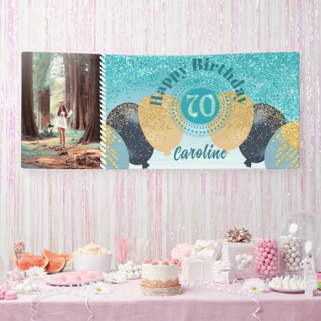 Aquamarin Blue Glitzer 70. Geburtstag & Balloons Banner (Party)
