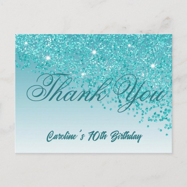 Aquamarin Blue Glitzer, 70. Geburtstag Danke Postkarte (Vorderseite)