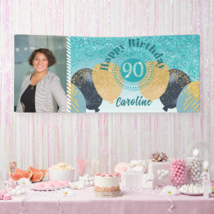 Aquamarin Blue Glitzer 90. Geburtstag & Balloons Banner