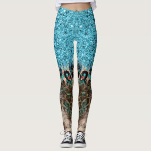 Aquamarin Blue Glitzer Leopard Print Abstrakt Leggings