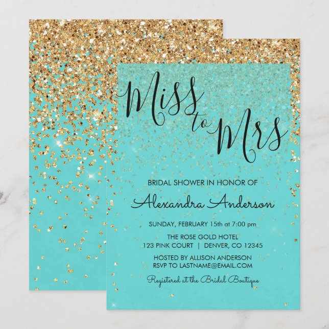 Aquamarin Blue Glitzer Miss an Mrs. Brautparty Einladung (Vorne/Hinten)