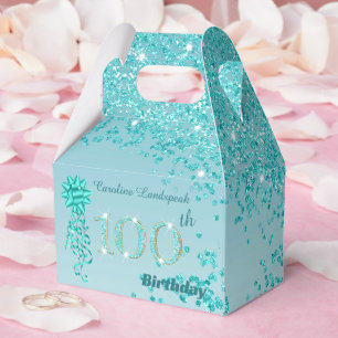 Aquamarin Blue Glitzer & Ribbon 100. Geburtstag Geschenkschachtel