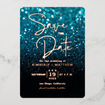 aquamarin Blue Glitzer Save the Date wedning Foi