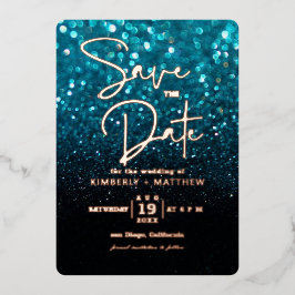 aquamarin Blue Glitzer Save the Date wedning Foi Folieneinladung