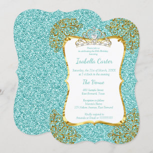 Aquamarin Blue Glitzern Birthday Party Gold White  Einladung
