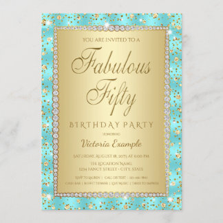Aquamarin Blue Gold 50. Geburtstagsparty Einladung