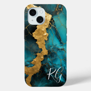 Aquamarin Blue Gold Abstrakt Marble Monogram Case-Mate iPhone Hülle