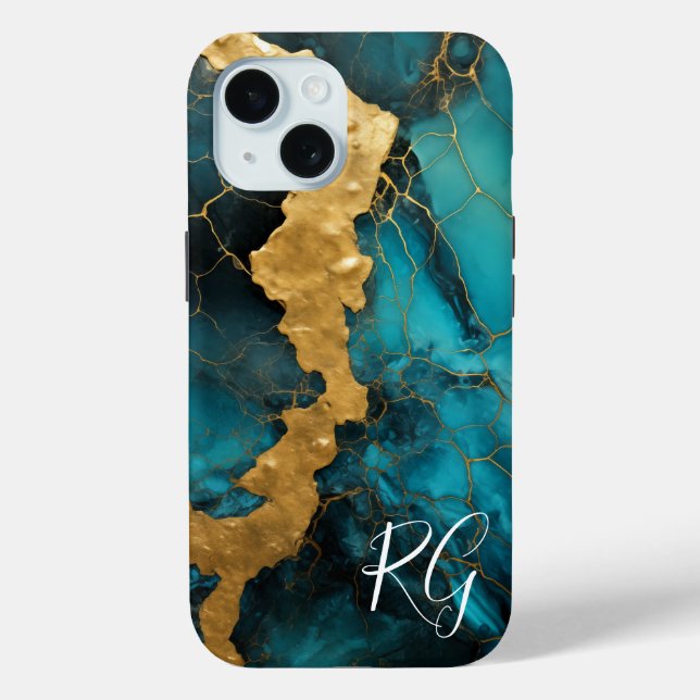 Aquamarin Blue Gold Abstrakt Marble Monogram Case-Mate iPhone Hülle (Rückseite)