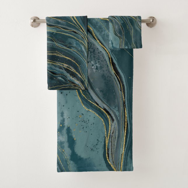 Aquamarin Blue Gold Abstrakt Watercolor Waves Badhandtuch Set (Insitu)