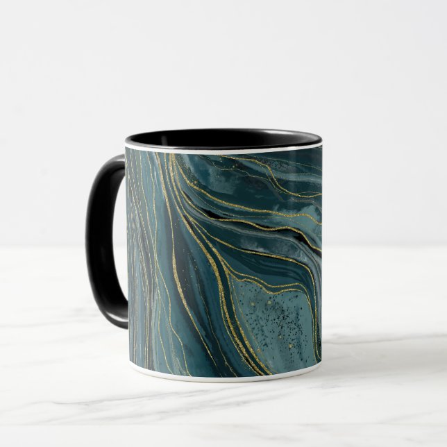 Aquamarin Blue Gold Abstrakt Watercolor Waves Tasse (Vorderseite Links)