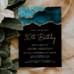 Aquamarin Blue Gold Agate 30. Geburtstag Einladung<br><div class="desc">Diese elegante Party Einladung aus dem 30. Jahrhundert zeigt ein Aquarellbild einer Age-Geode in aquamarinen Blautönen mit den Imitaten Gold Glitzer Highlights. Die Worte "30. Geburtstag" erscheinen in goldfarbener moderner Handschrift. Passen Sie den Namen der Ehre in goldfarbenem Text an und die Details in Weiß auf schwarzem Hintergrund. Auf der...</div>