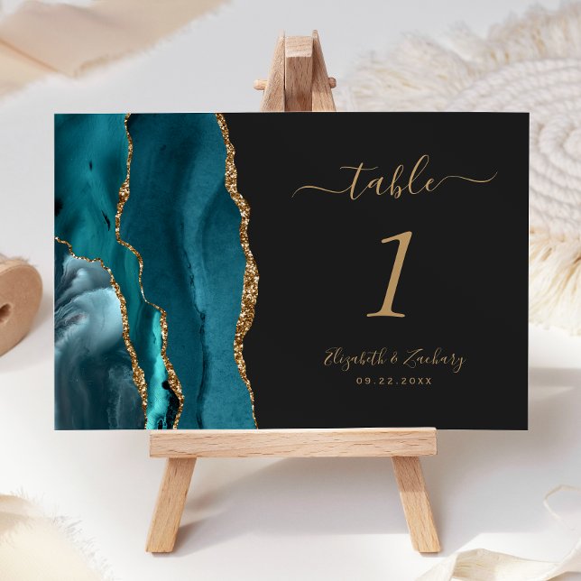 Aquamarin Blue Gold Agate Dark Wedding Tischnummer (Von Creator hochgeladen)