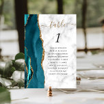 Aquamarin Blue Gold Agate Marble Wedding Tischnummer<br><div class="desc">Der links Rand dieser eleganten,  modernen Hochzeitskarte zeichnet sich durch eine aquamarine blaue Aquarellgrenze aus,  die mit Imitaten mit goldenem Glitzer bestickt wurde. Das Wort "Tabelle" erscheint in goldfarbenem Schriftzeichen auf grauem und weißem Marmorhintergrund. Fügen Sie die Tischnummer und die Namen Ihrer Gäste hinzu,  die jeder Tabelle zugeordnet sind.</div>