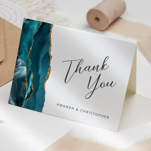 Aquamarin Blue Gold Agate Script Wedding Dankeschö Karte (Von Creator hochgeladen)
