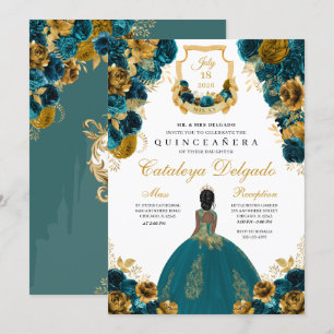 Aquamarin Blue & Gold Floral Elegante Quinceñera Einladung