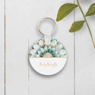 Aquamarin Blue Gold Floral Mandala Personalisiert Schlüsselanhänger