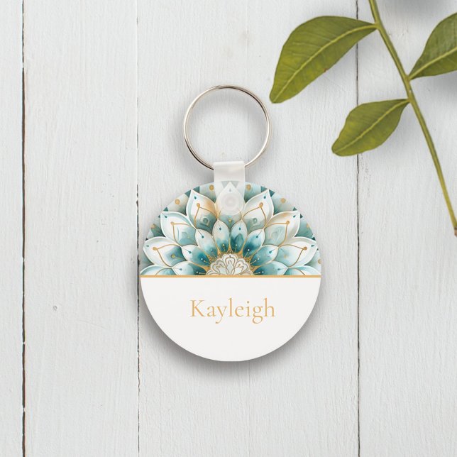 Aquamarin Blue Gold Floral Mandala Personalisiert Schlüsselanhänger (Von Creator hochgeladen)